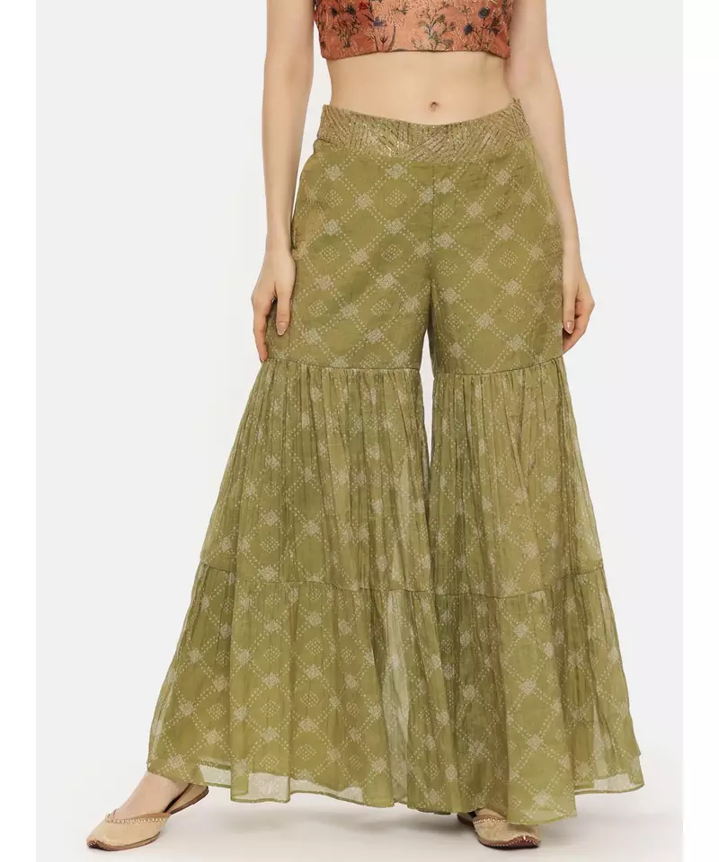 Tissue Chanderi Green Printed Palazzo