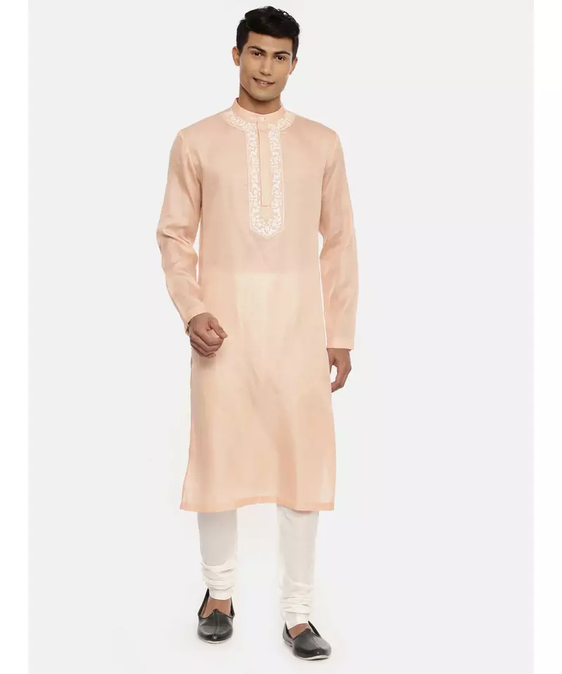 Pink Satin Silk Embroidered Kurta