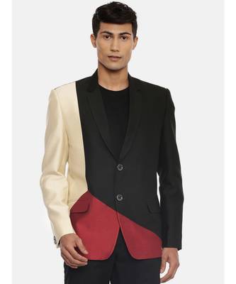 3 color classic two button blazer with silver rim buttons. pair with black pants for a cocktail evening. 1