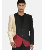 3 color classic two button blazer with silver rim buttons. pair with black pants for a cocktail evening.