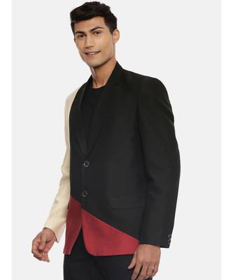 3 color classic two button blazer with silver rim buttons. pair with black pants for a cocktail evening. 3