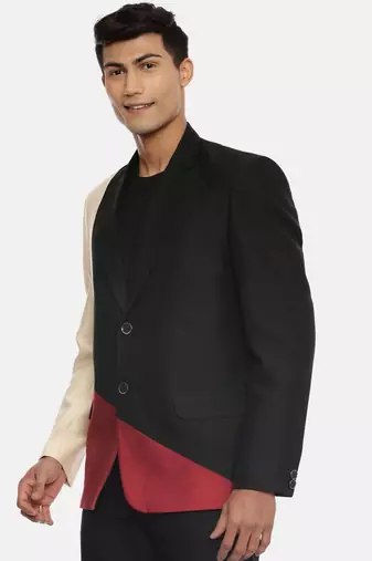 3 color classic two button blazer with silver rim buttons. pair with black pants for a cocktail evening.