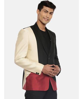 3 color classic two button blazer with silver rim buttons. pair with black pants for a cocktail evening. 4