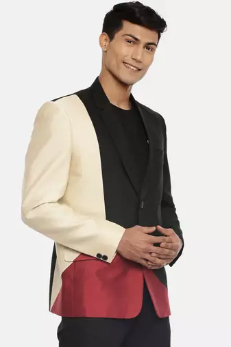 3 color classic two button blazer with silver rim buttons. pair with black pants for a cocktail evening.