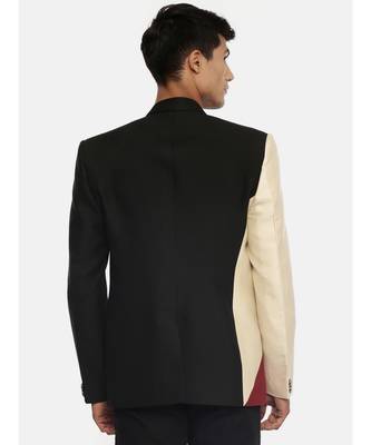 3 color classic two button blazer with silver rim buttons. pair with black pants for a cocktail evening. 5