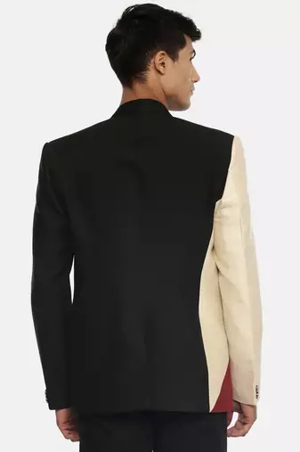 3 color classic two button blazer with silver rim buttons. pair with black pants for a cocktail evening.