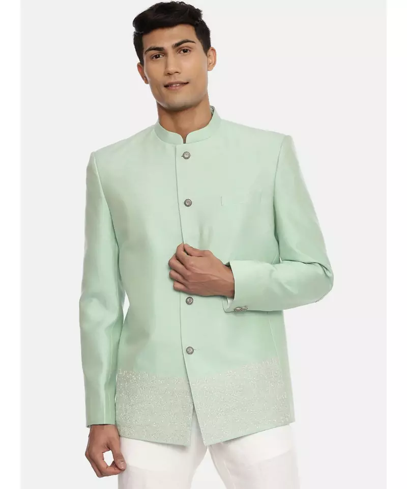 Silk Embroidered Green Bandhgala