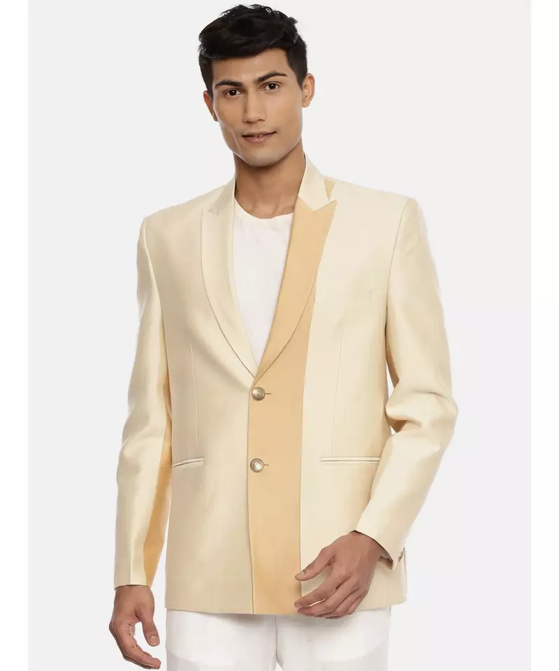 Gold Beige Silk Two Button Jacket