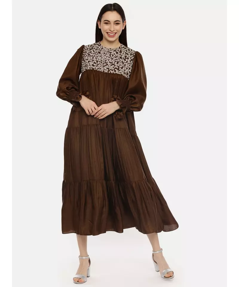 Choco Brown Silk Embroidered Dress