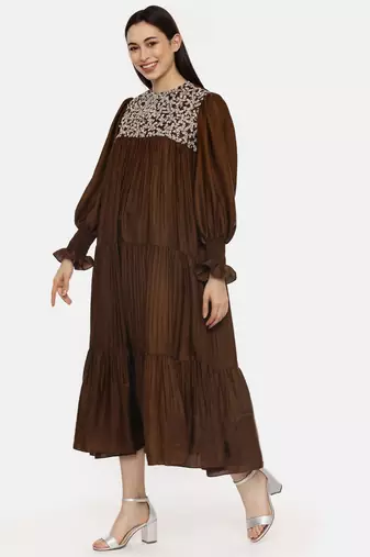 Choco Brown Silk Embroidered Dress
