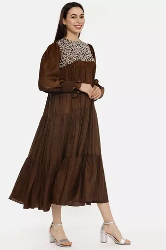 Choco Brown Silk Embroidered Dress