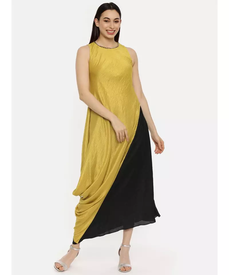 Silk Mustard Black Drape Dress