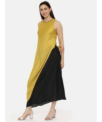 Silk Mustard Black Drape Dress 4