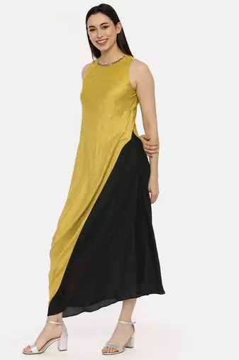Silk Mustard Black Drape Dress