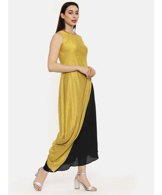 Silk Mustard Black Drape Dress 5