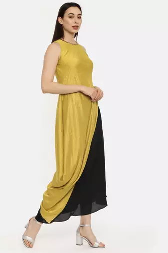 Silk Mustard Black Drape Dress