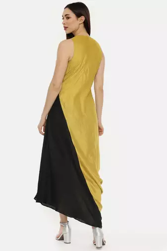 Silk Mustard Black Drape Dress