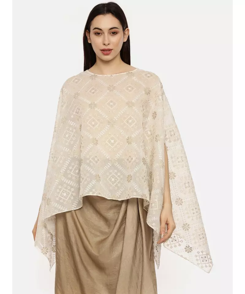 Beige Ivory Silk Embroidered Top
