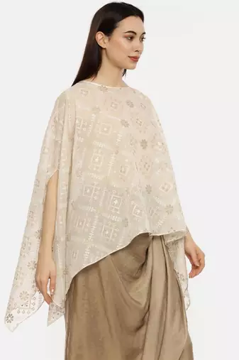 Beige Ivory Silk Embroidered Top