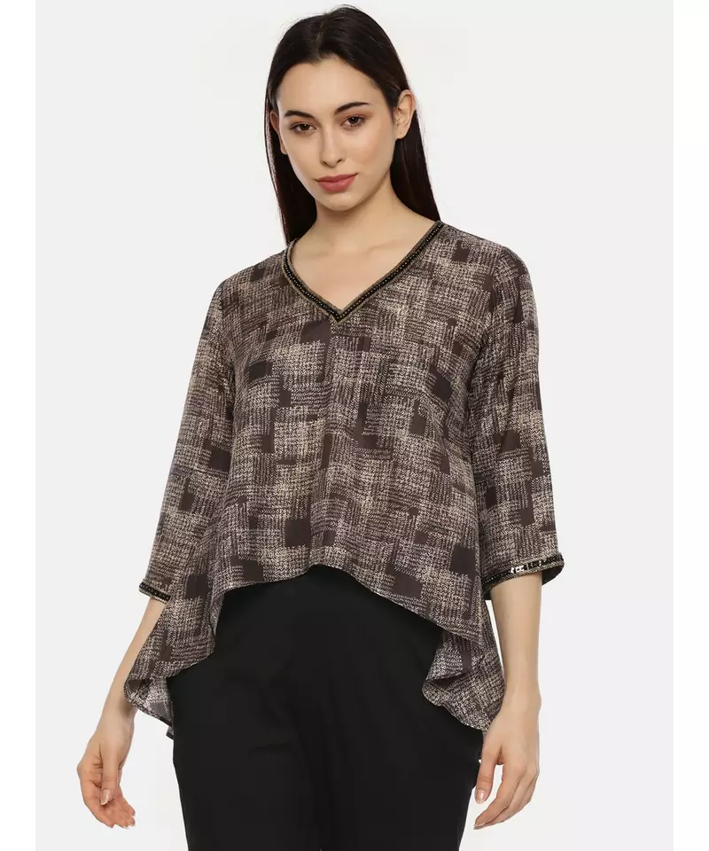 Brown Printed Sequin Top