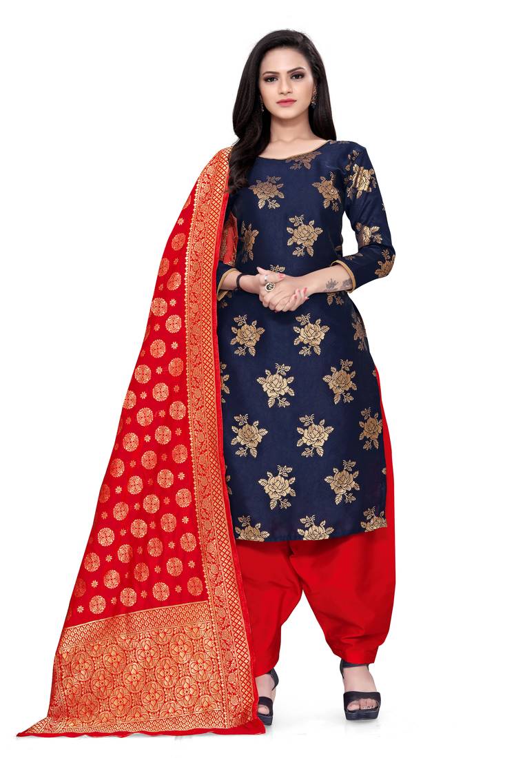  Biue Banarasi silk Unstitched dress material