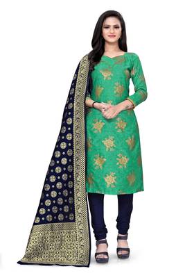  Green Banarasi silk Unstitched dress material 2