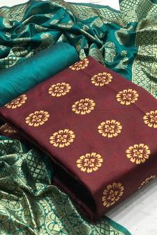  Maroon Banarasi silk Unstitched dress material