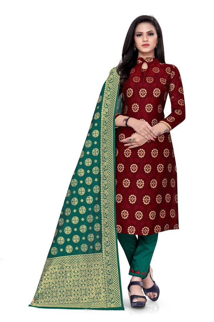 Maroon Banarasi silk Unstitched dress material