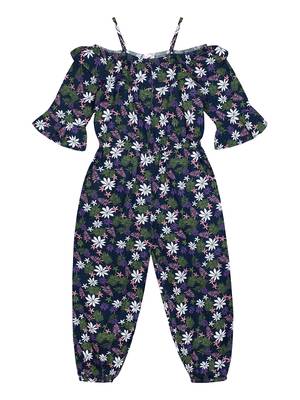 Budding Bees Girls Blue Floral Cold Shoulder Jumpsuit 1