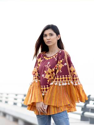 Deep Wine Mustard Frill Circular Poncho With 3D Ponchos 2