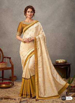 Off white embroidered tussar silk saree with blouse 1