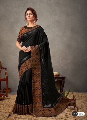Black embroidered tussar silk saree with blouse 1