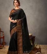 Black embroidered tussar silk saree with blouse