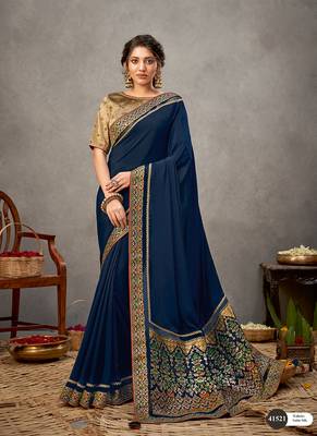 Navy blue embroidered satin saree with blouse 1