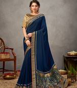 Navy blue embroidered satin saree with blouse