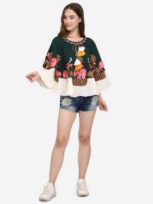 Elephant Embroidered Deep Green Khadi Circular Poncho 1