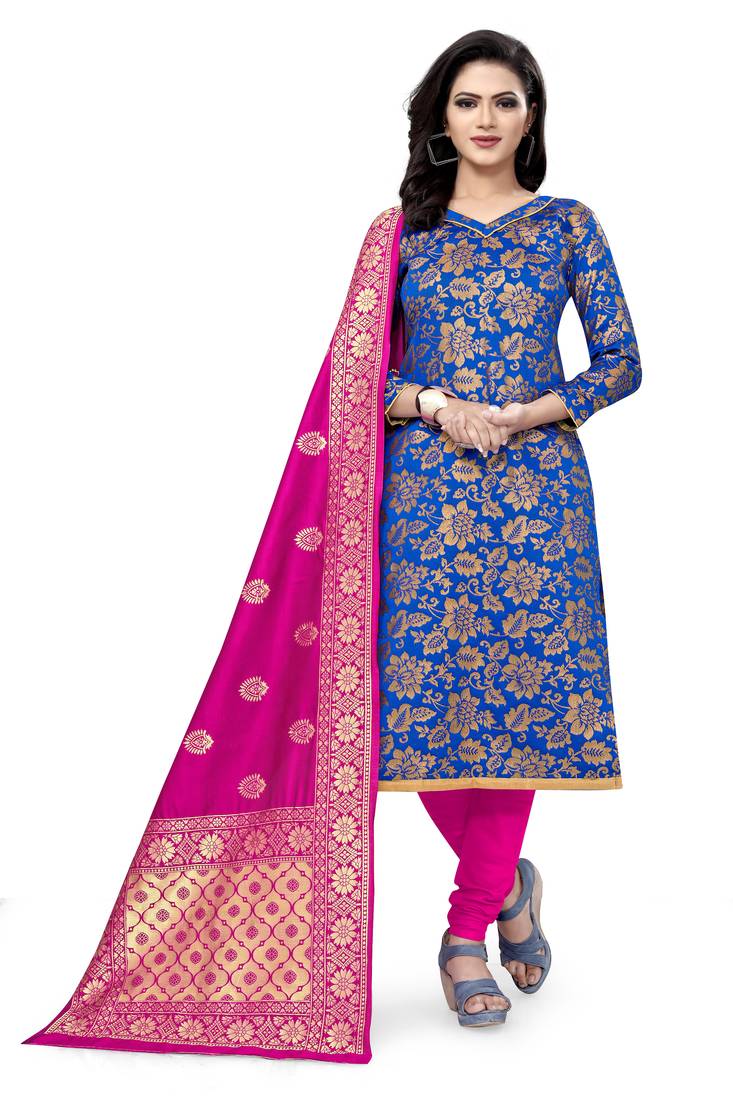  Blue Banarasi silk Unstitched dress material