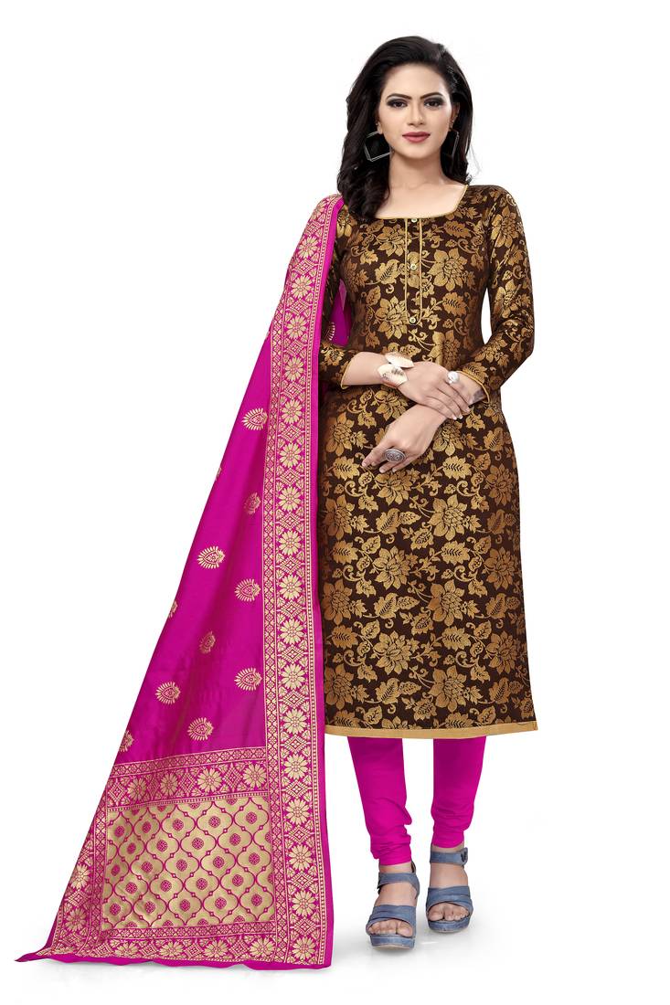  Brown Banarasi silk Unstitched dress material