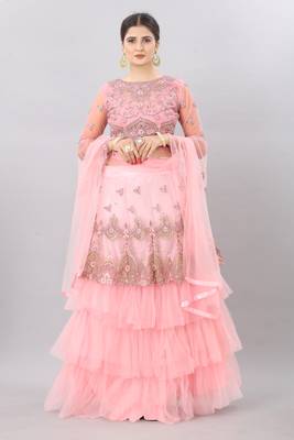 pink embroidered net lehenga-choli with dupatta 1