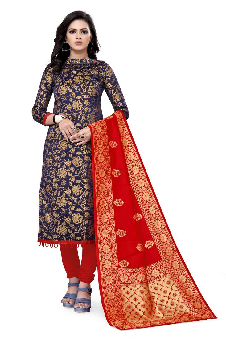  Blue Banarasi silk Unstitched dress material
