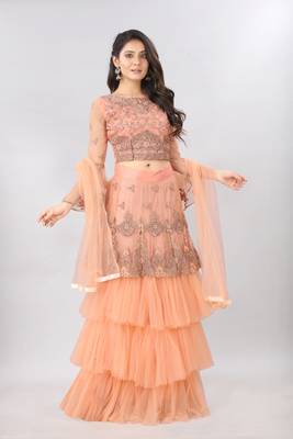 orange embroidered net lehenga-choli with dupatta 1