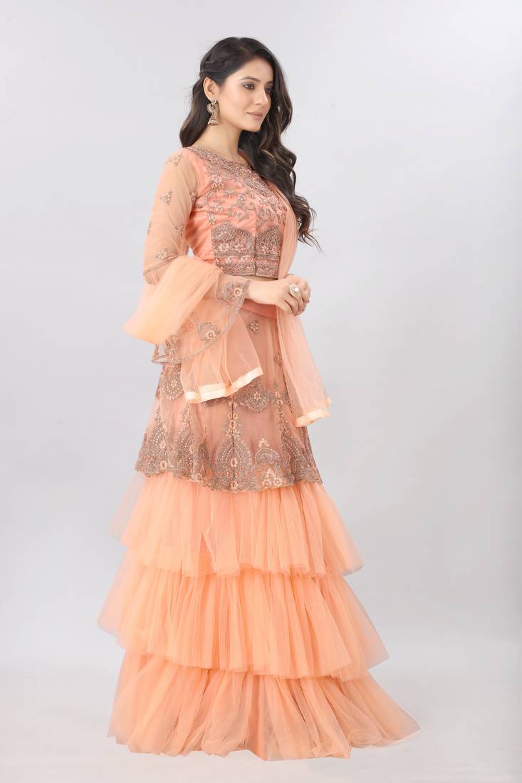 orange embroidered net lehenga-choli with dupatta