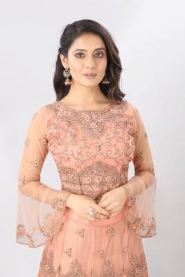 orange embroidered net lehenga-choli with dupatta 4