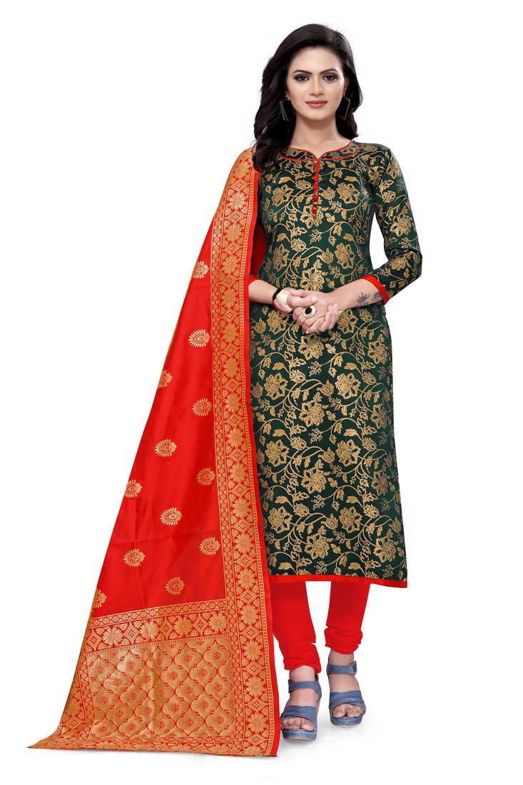  Green Banarasi silk Unstitched dress material