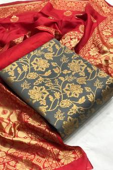  Grey Banarasi silk Unstitched dress material