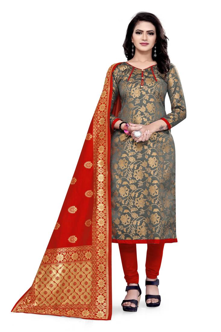  Grey Banarasi silk Unstitched dress material