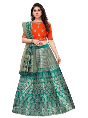 teal-green hand_woven jacquard lehenga-choli with dupatta 1
