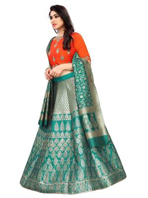 teal-green hand_woven jacquard lehenga-choli with dupatta 3