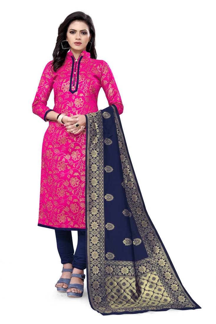  Pink Banarasi silk Unstitched dress material