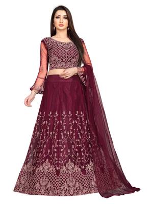 maroon embroidered net lehenga-choli with dupatta 1